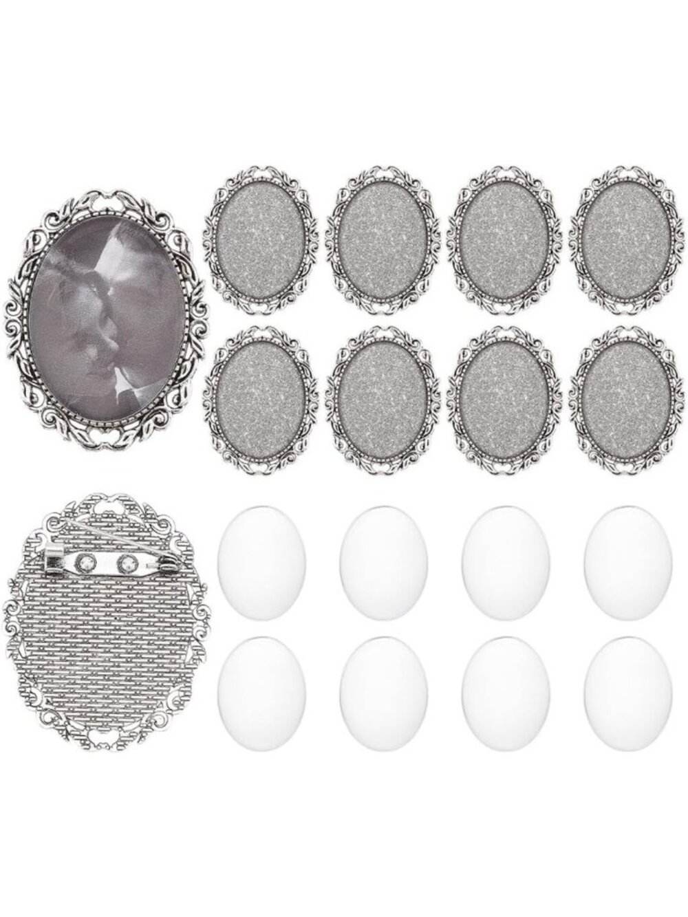 Vintage Oval Brooch Blanks with Clear Glass Cabochon for DIY Jewelry Making, 10